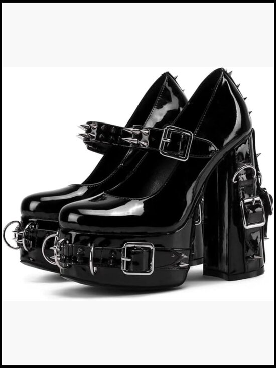 Shoes - Gothic Large Size Chunky High Heel Ankle Bootie Patent Leather Buckle Ring